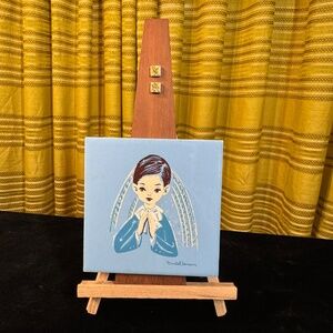 Vintage 60s paint on tile, long wood frame, signed Daniel Lareau, Boy Praying